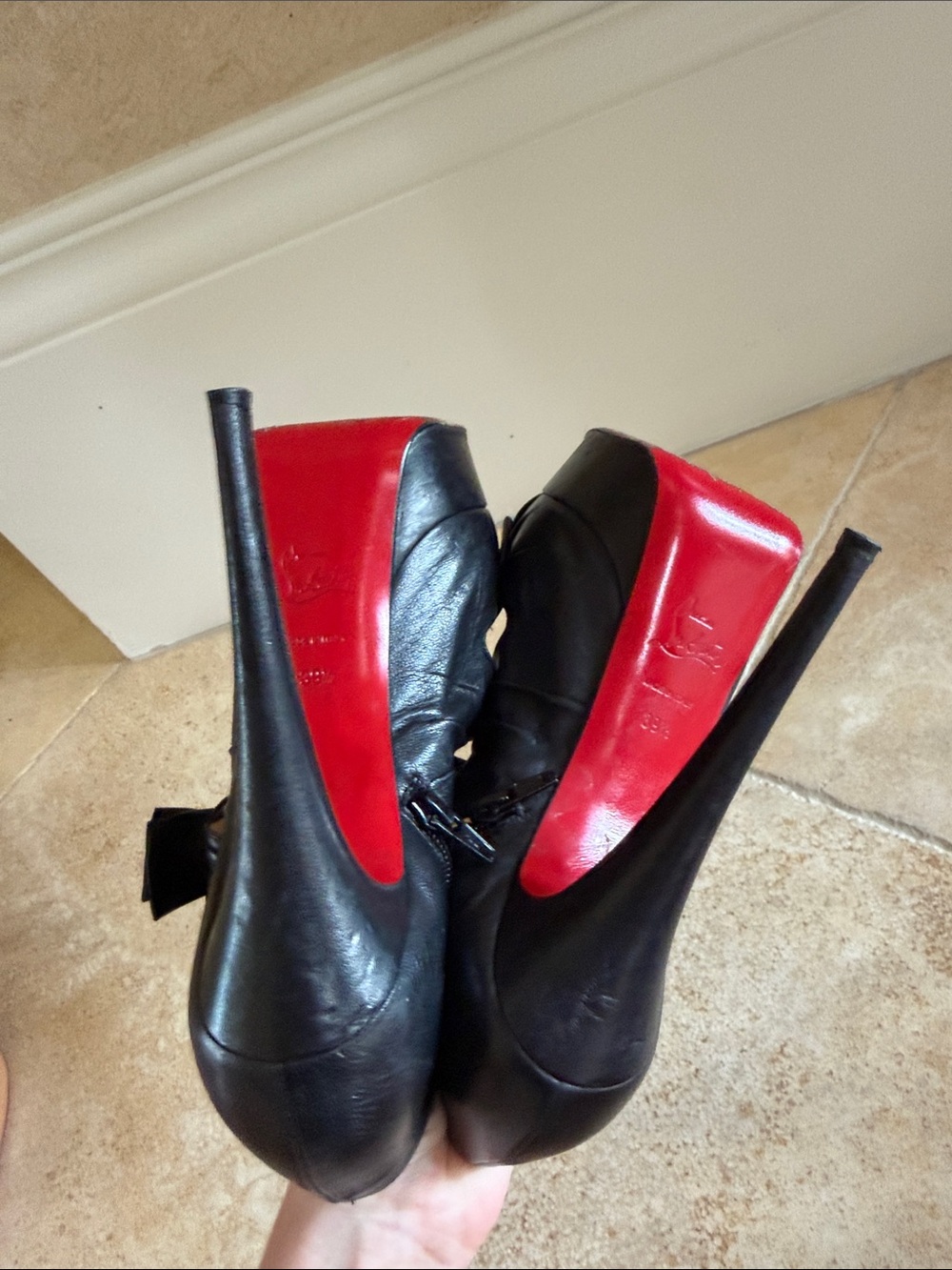 Christian Louboutin Black Leather Peep-Toe Bow Platform Heels - Picture 4 of 8